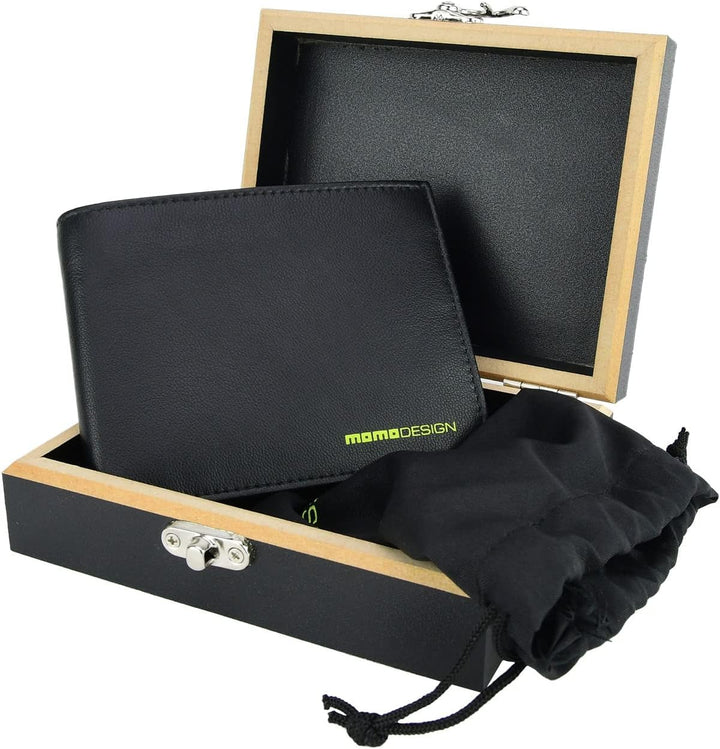 MOMO DESIGN Herren-Geldbörse aus echtem Leder, mit RFID-Schutz, Geschenkbox aus Holz, Klassisch schw