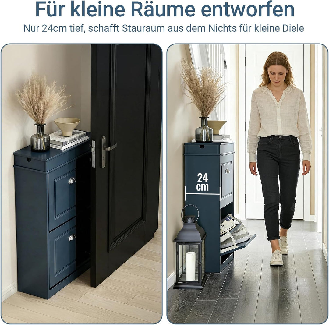 SoBuy Schuhschrank mit 2 Klappen - Schmaler Schuhkipper mit 4 Ablagen, Verstellbares Schuhregal für