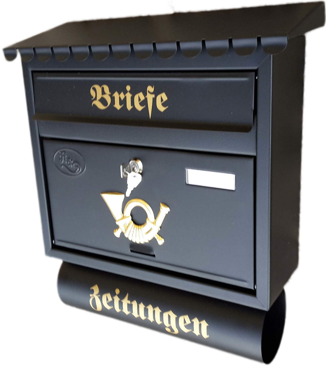 Grosser Briefkasten/Postkasten XXL Schwarz matt mit Zeitungsrolle Flachdach Katalogeinwurf Zeitungsf