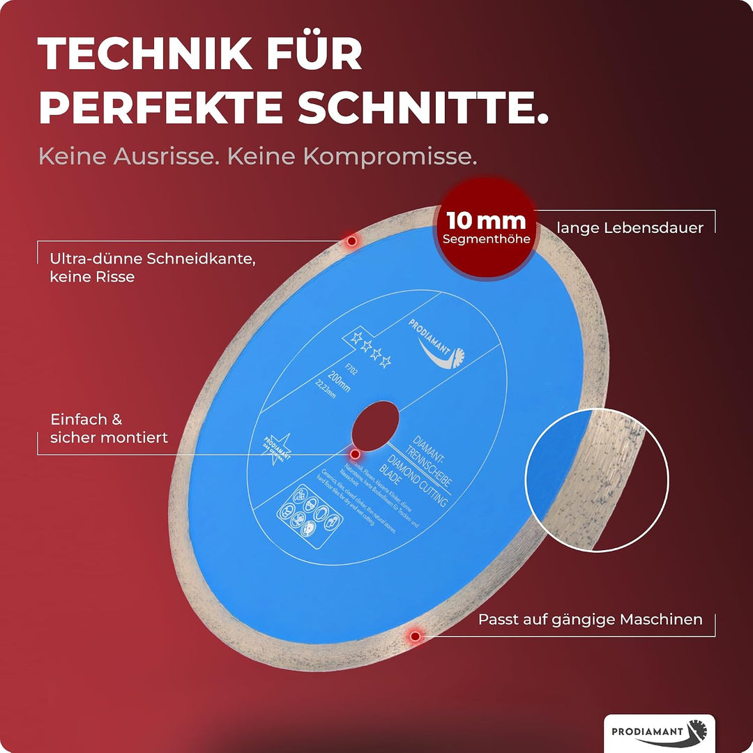 PRODIAMANT Profi Diamant-Trennscheibe PRORIM 200 mm x 22,23 mm kein ausbrechen bei glasierten Fliese