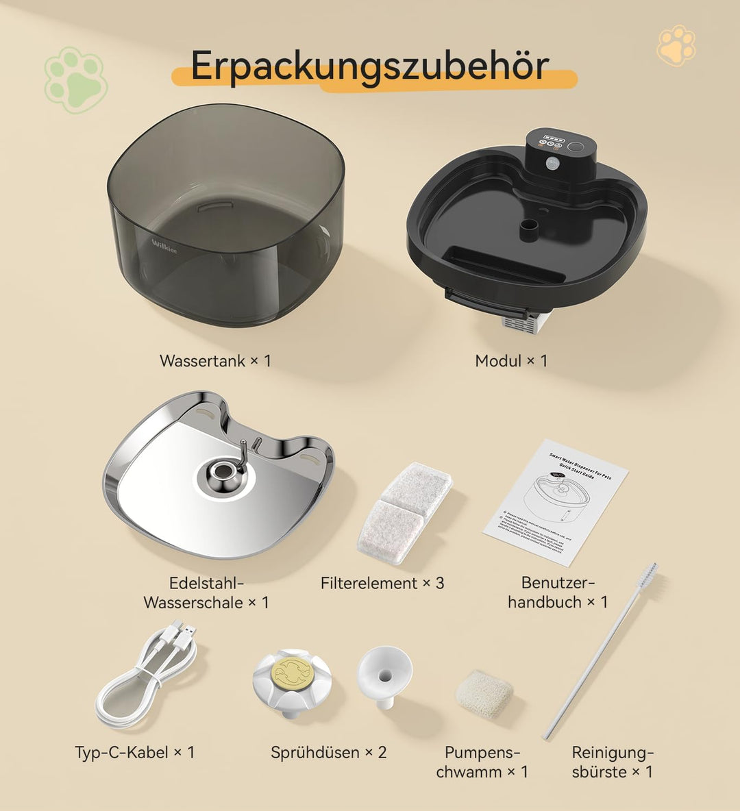 Katzenbrunnen kabellos, 2,8 L Trinkbrunnen für Katze mit 3 Filter, 4000mAh Akku & Ultra-leise (, Sch