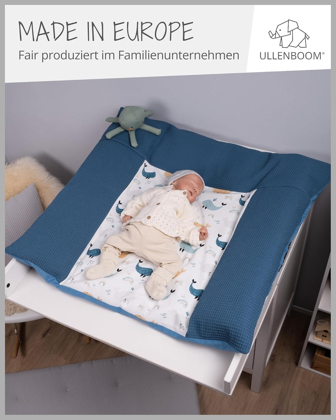 ULLENBOOM Wickelauflagenbezug 75x85 cm Blau-Wale (Made in EU) - abnehmbarer Bezug für Wickelauflage