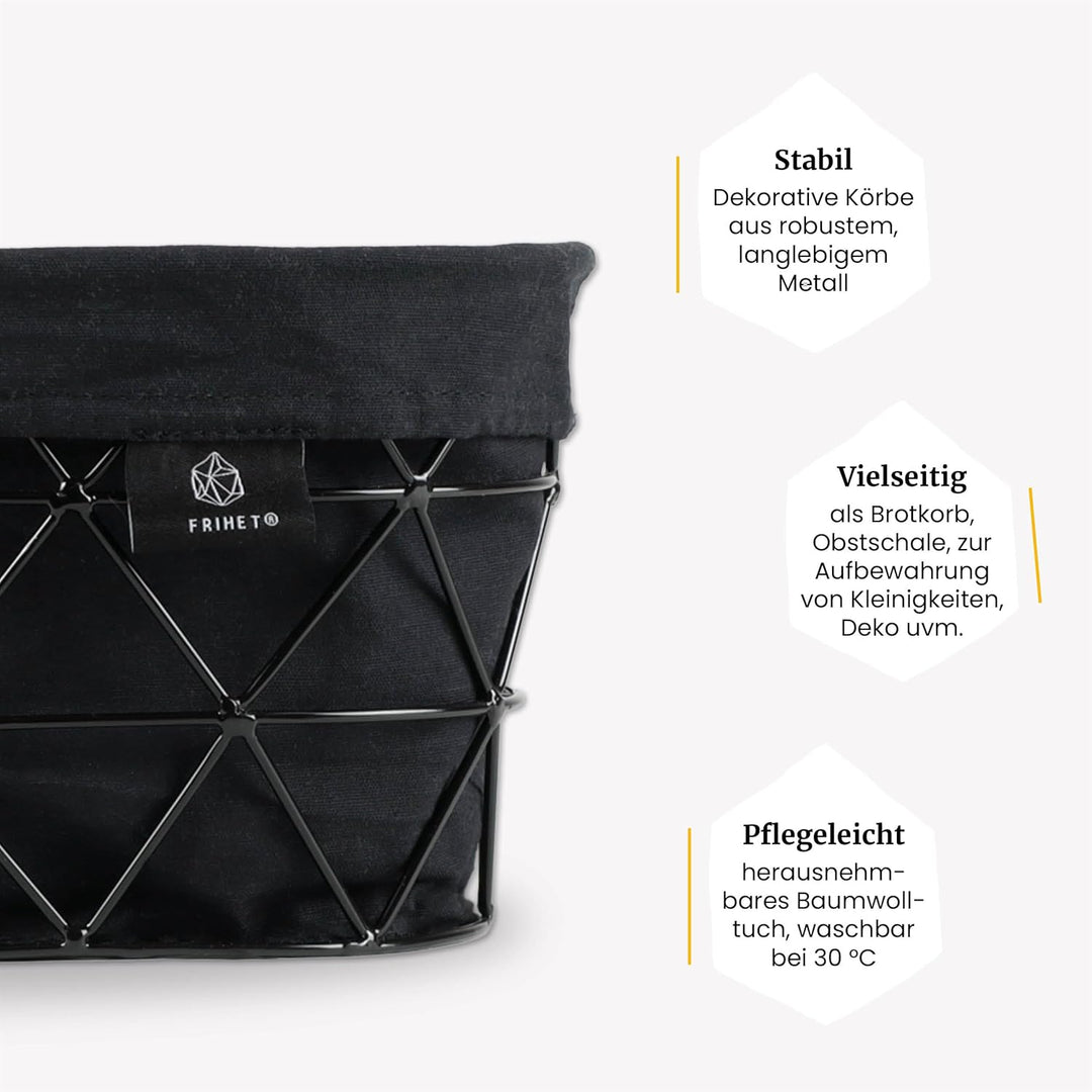 FRIHET 2-in-1 Brotkorb & Obstschale - Metall - waschbare Einlage aus 100% Baumwolle - oval - schwarz
