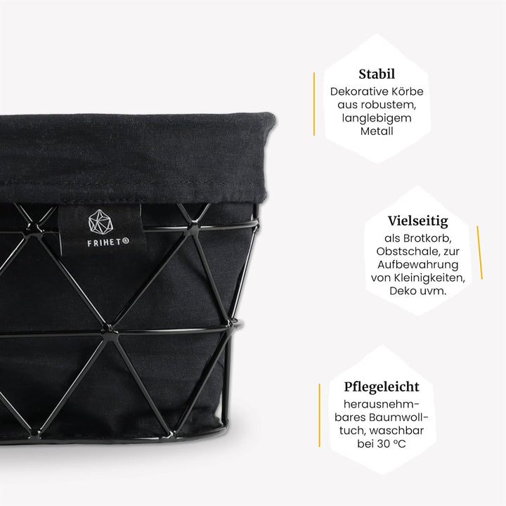 FRIHET 2-in-1 Brotkorb & Obstschale - Metall - waschbare Einlage aus 100% Baumwolle - oval - schwarz