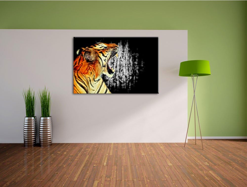 Dark Brüllender Tiger auf Leinwand, XXL riesige Bilder fertig gerahmt mit Keilrahmen, Kunstdruck auf