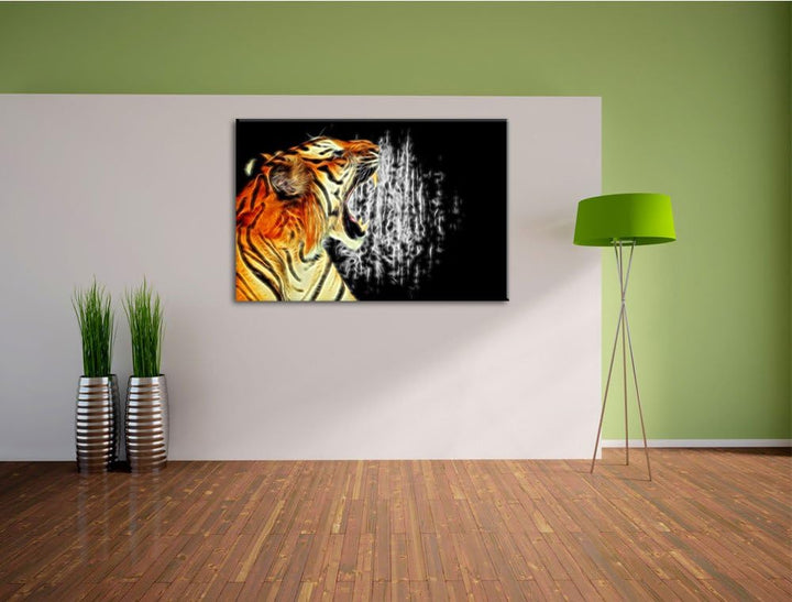 Dark Brüllender Tiger auf Leinwand, XXL riesige Bilder fertig gerahmt mit Keilrahmen, Kunstdruck auf