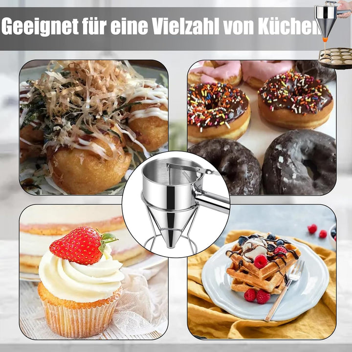 Pfannkuchen Teigspender, 600ml Pfannkuchen Teigspender Teigportionierer Edelstahl, Backtrichter Kolb