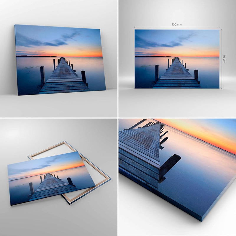 Bilder auf Leinwand 100x70cm Leinwandbild Sonnenuntergang See Wasser Brücke Gross Wanddeko Bild Schl