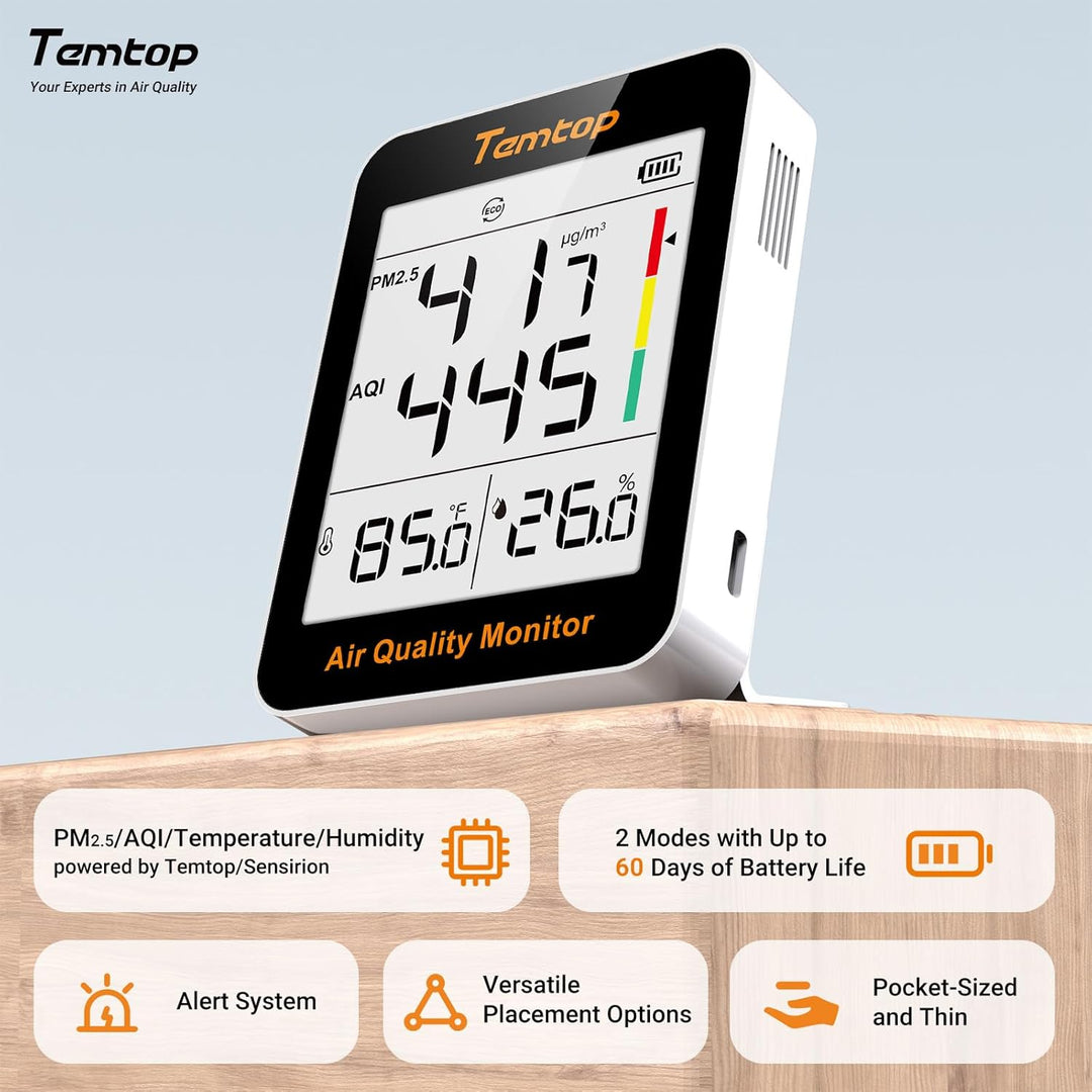 Temtop S1-UP Luftqualitätsmessgerät PM2.5, AQI, Temperatur Und Feuchtigkeit, Ultra-lange Batterielau