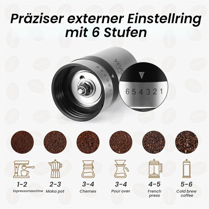 Vevok Chef Manuelle Kaffeemühle mit 6 verstellbaren Einstellungen, Edelstahl-Frässtifte, tragbare Ed