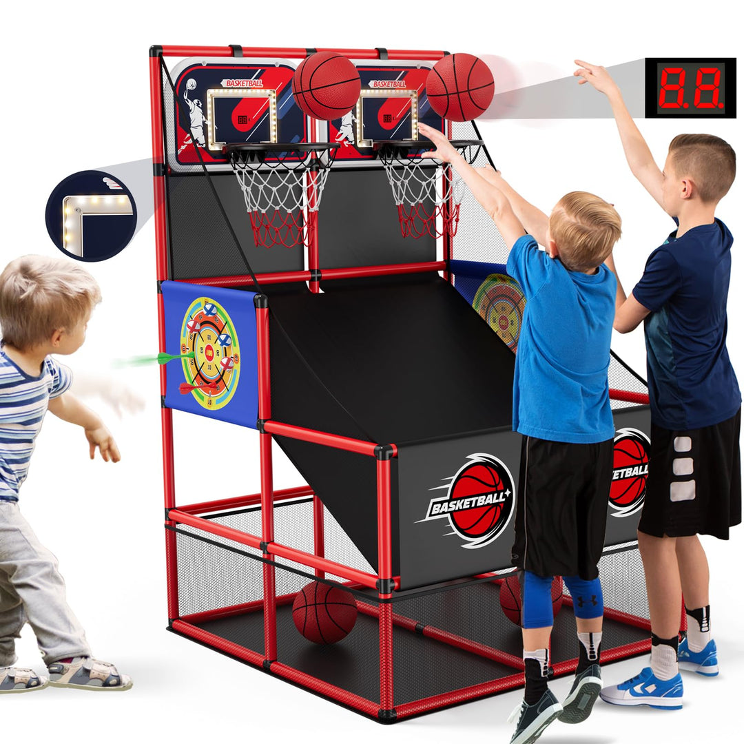HYES 3 in 1 Dual Shot Basketball Arcade Spiel mit 2 Dart Boards/Elektronische Anzeigetafel/LED Licht