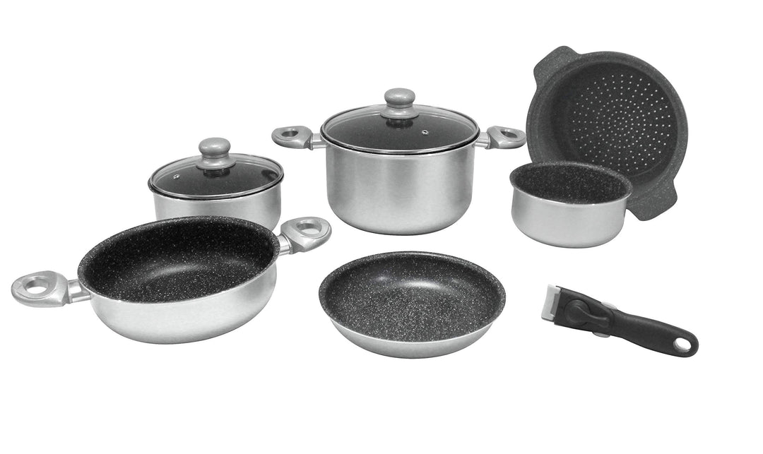 Gimex 9 TLG. Camping Kochtopfset 22cm Alu Aluminium mit Induktion Silber Metallic