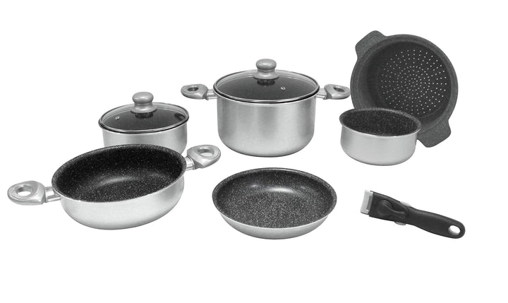 Gimex 9 TLG. Camping Kochtopfset 22cm Alu Aluminium mit Induktion Silber Metallic