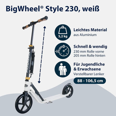 HUDORA BigWheel Style 230 Scooter I Stabiler Aluminium-Roller mit grosser Trittfläche I Höhenverstel