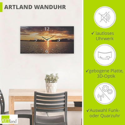 ARTLAND Wanduhr ohne Tickgeräusche Alu Quarzuhr 60x30 cm Rechteckig Lautlos Landschaft Sonnenunterga