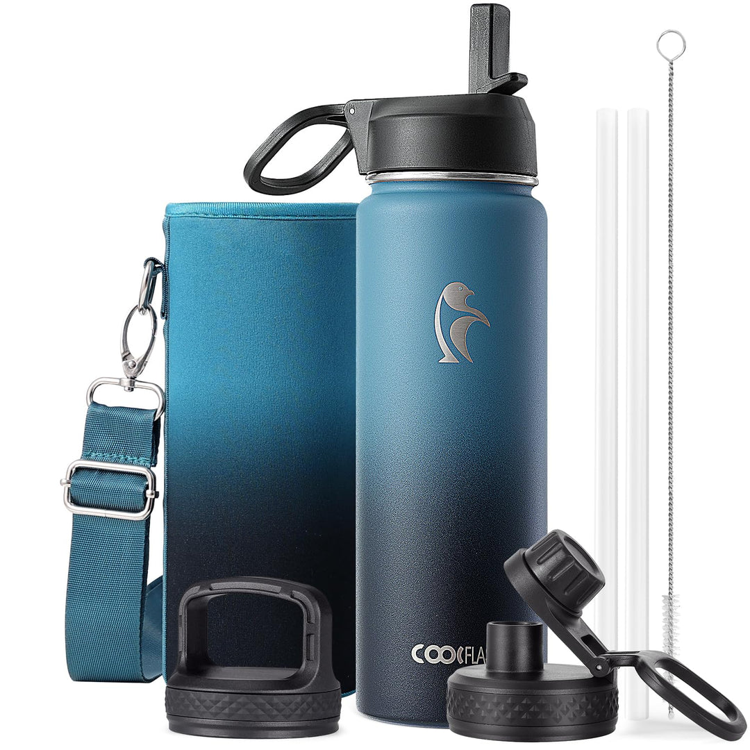 Coolflask Wasserflasche 20 oz isoliert mit Strohhalm, rostfreier Stahl Metall 3 Deckel Wasserflasche