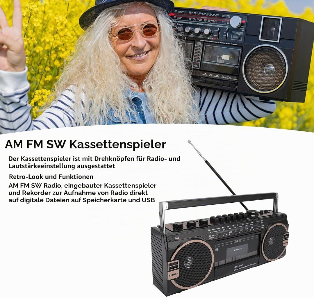 Kassetten Boombox, Retro Blueooth Boombox mit USB, SD und 3,5 Mm AUX Eingang, AM FM SW Kassettenspie