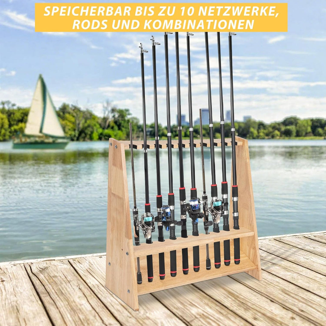 Rutenständer für 10 Angelrutenhalter aus Holz mit Montagezubehör 60 x 18 x 58 cm Originalholz, Ständ