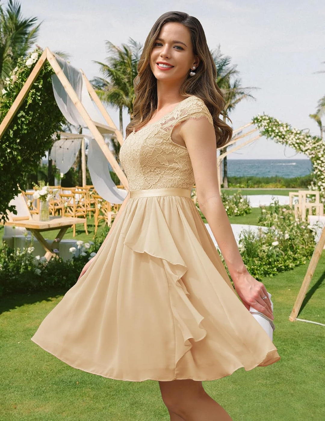Wedtrend Cocktailkleid Damen Knielang Abendkleid Elegant für Hochzeit Elegant A Linie Rüschenkleid C