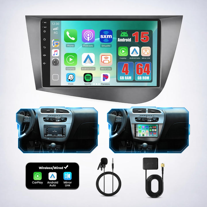4+64GB Android 15 Autoradio für Seat Leon 2005-2012 Wireless Carplay Android Auto, 9 Zoll Touchscree
