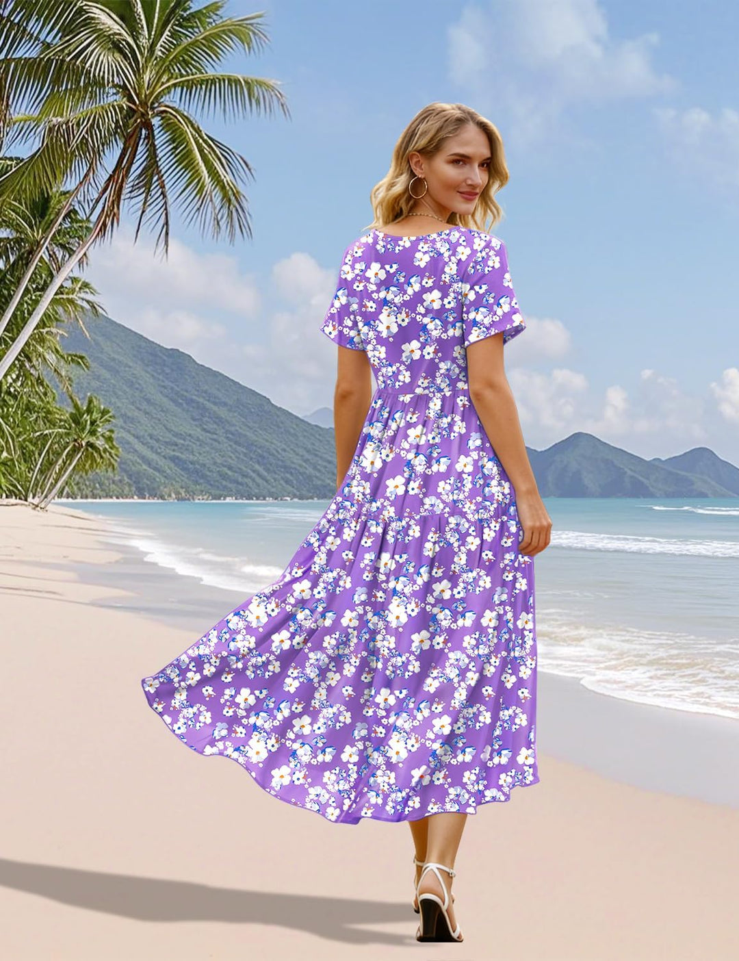 YESNO Damen Kleider Freizeit Lose Sommerkleid Lang Boho Maxikleid für Rundhals Strandkleid Blumenkle