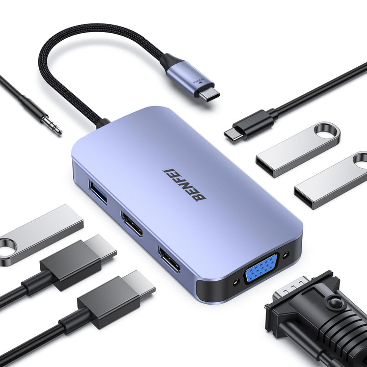 BENFEI USB C MST HUB-Docking Station 8-in-1, USB-C HUB mit 2*HDMI/1*VGA/3*USB 3.0/100W Power Deliver