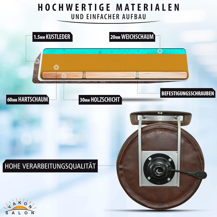 VAKON SALON - Premium Rollhocker mit Lehne in braun - Höhenverstellbar von 50 bis 65 cm - Rundsitz -