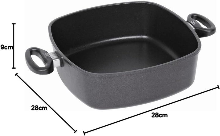 AMT Gastroguss Eckpfanne 28 x 28 cm, 9 cm hoch, Bräter mit Seitengriffen, nicht induktionsgeeignet,