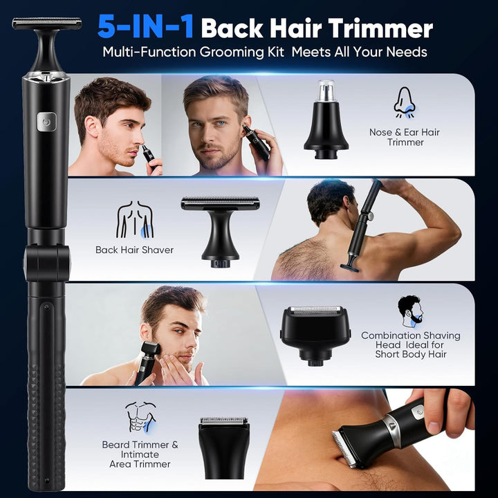 5 in 1 Bodygroom Herren Sets, Elektrisch Rückenrasierer Herren Mens mit Faltbarem Verlängerung Grif,
