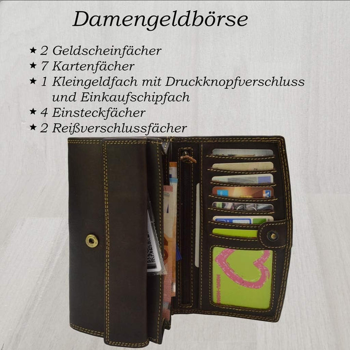 flevado RFID Schutz Grosse Leder Damen Brieftasche Vintage mit Adler Motiv Biker Geldbörse