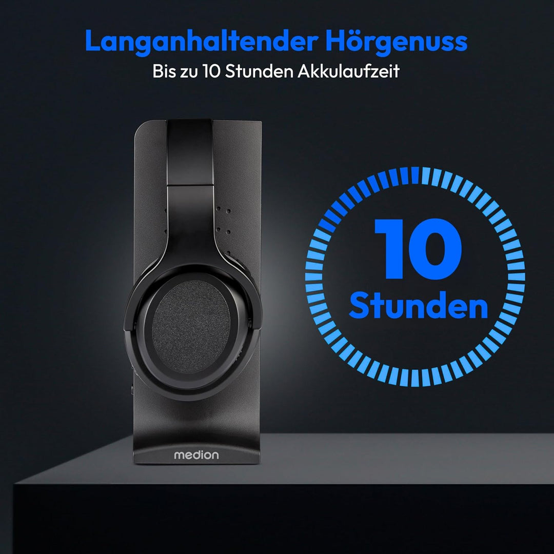 MEDION Funkkopfhörer HS-1 (kabellos, für TV, bis zu 15m Reichweite, mit Ladestation, Over Ear, USB C