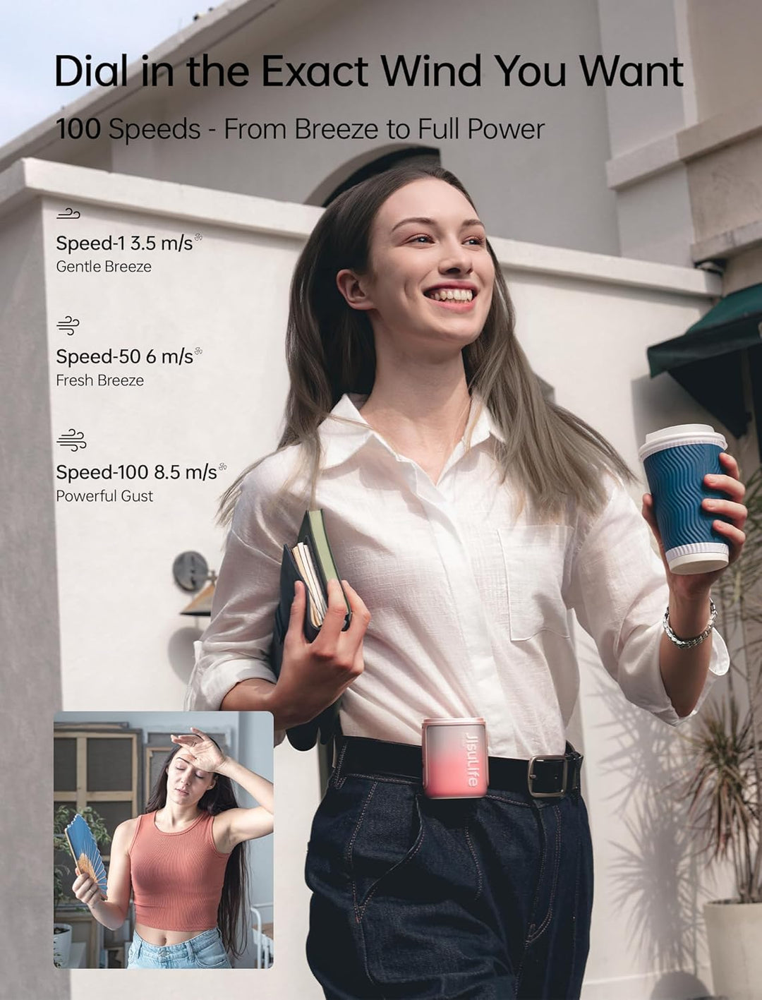 JISULIFE Tragbarer Nackenventilator, 100 Geschwindigkeiten, Mini-persönlicher tragbarer Taillenventi