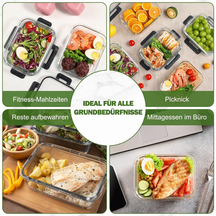YASHE Glasbehälter mit Deckel, 10 Teile Stapelbar & Luftdicht Meal Prep Boxen Glas für Spülmaschine,