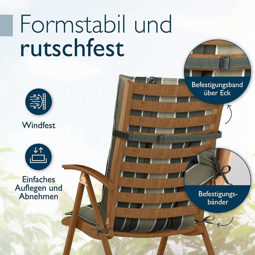 Beautissu 8er Set Premium Hochlehner Auflage mit Kopfpolster Stoff | 120x50cm 8cm dick Grün gestreif