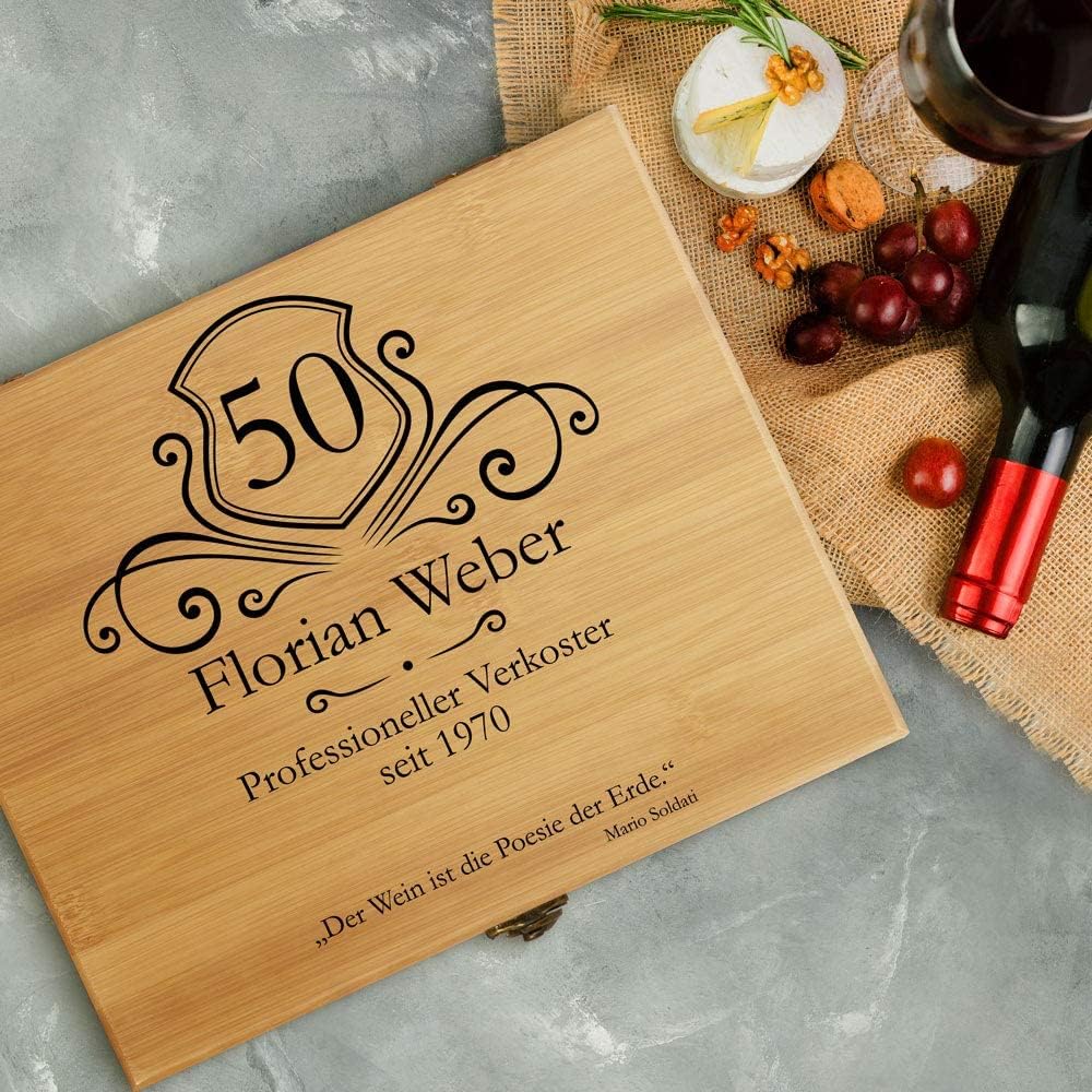 Maverton Weinöffner-Set personalisiert Weinset Sommelier Set - Geschenkbox Holzbox + 6er Weinzubehör