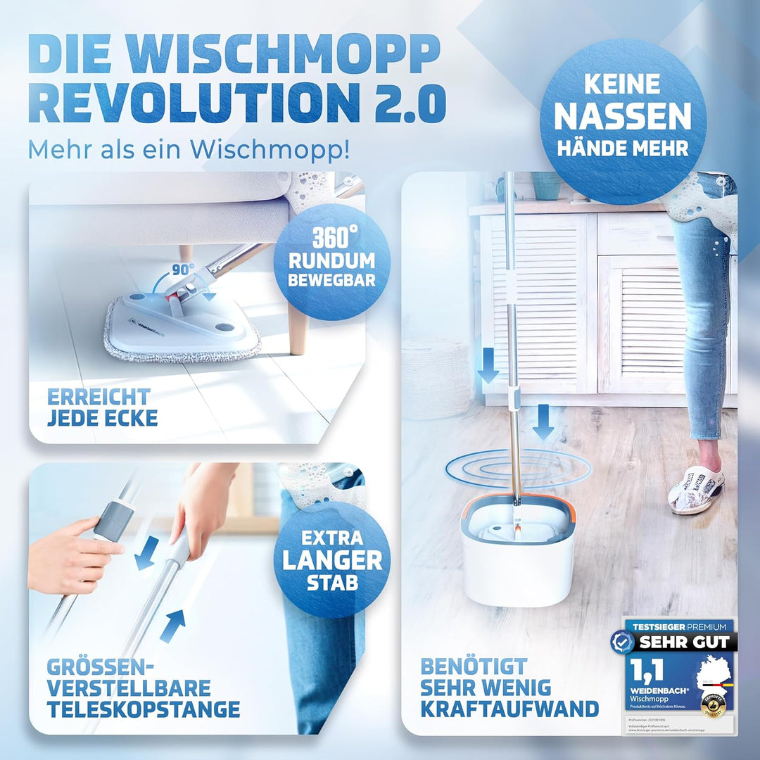 Weidenbach Wischmopp Set mit Eimer | 2-Kammer-System für saubere Schmutz- und Frischwassertrennung |
