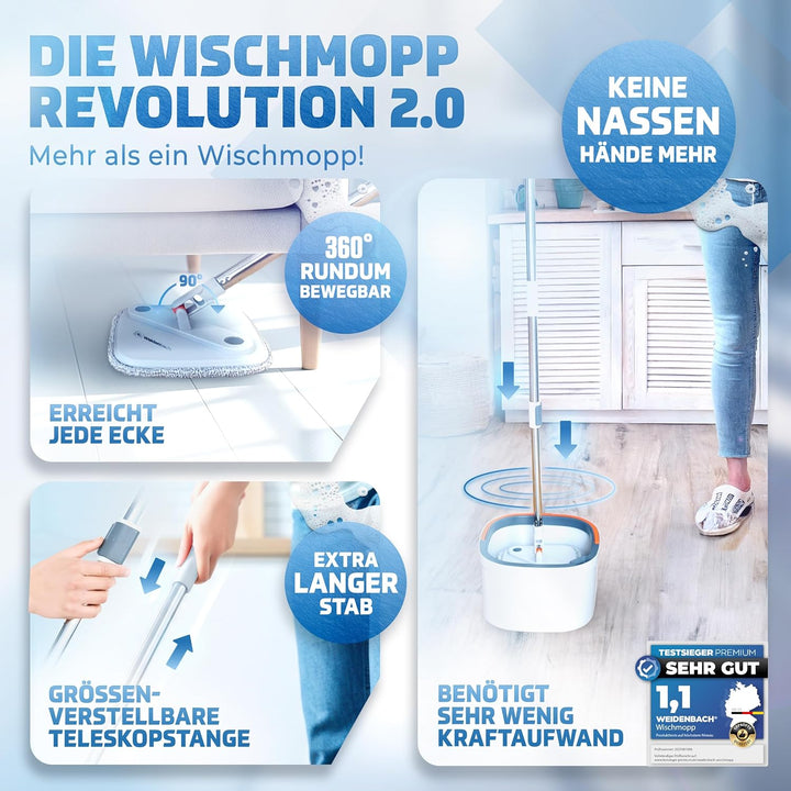 Weidenbach Wischmopp Set mit Eimer | 2-Kammer-System für saubere Schmutz- und Frischwassertrennung |