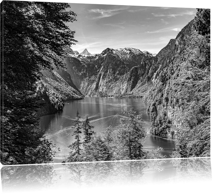Pixxprint Blick auf den Königssee Kunst B&W als Leinwandbild/Grösse: 100x70 / Wandbild/Kunstdruck/fe