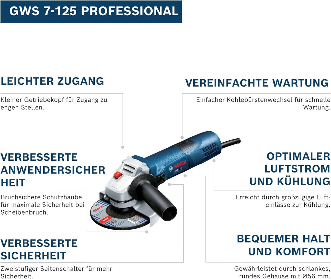 Bosch Professional Winkelschleifer GWS 7-125 (720 Watt, Scheiben-Ø: 125 mm, im