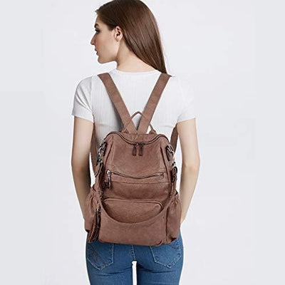 UTO Damen Rucksack PU Washed Leder Modischer Multifunktionsrucksack mit Quastendesign Lässige Schult