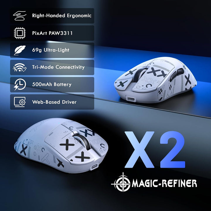 MAGIC-REFINER X2 Kabellose Gaming-Maus, 24000 DPI, PAW3311, Ergonomisch für Rechtshänder, BK52820 MC