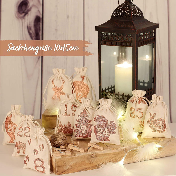 Papierdrachen 24 Adventskalender Stoffsäckchen zum Befüllen - mit Glitzerdruck - Stoffbeutel zum sel