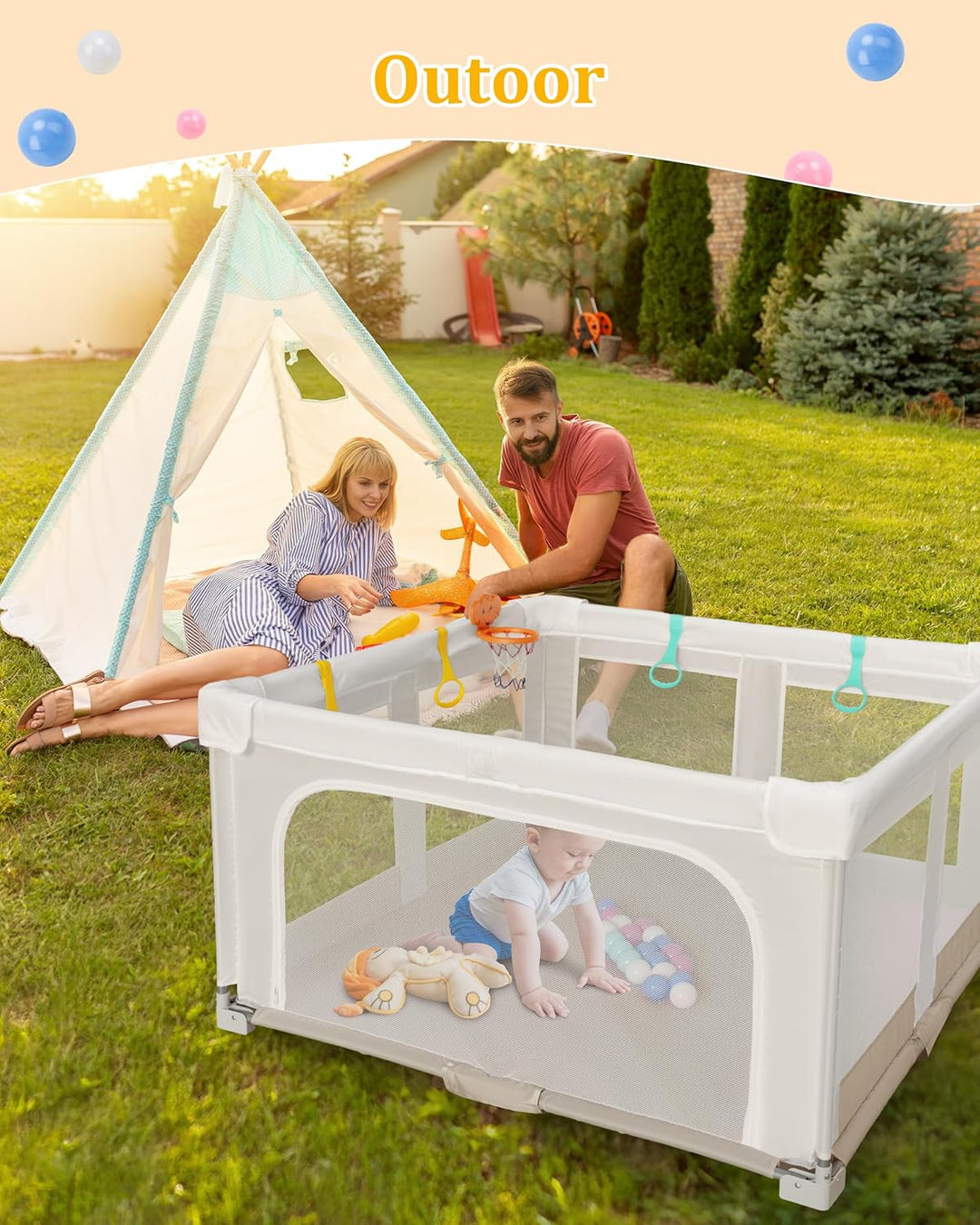 Grosser und Faltbarer Laufstall für Baby: 127 x 127 x 70 cm Playpen,für Drinnen und Draussen,mit 20