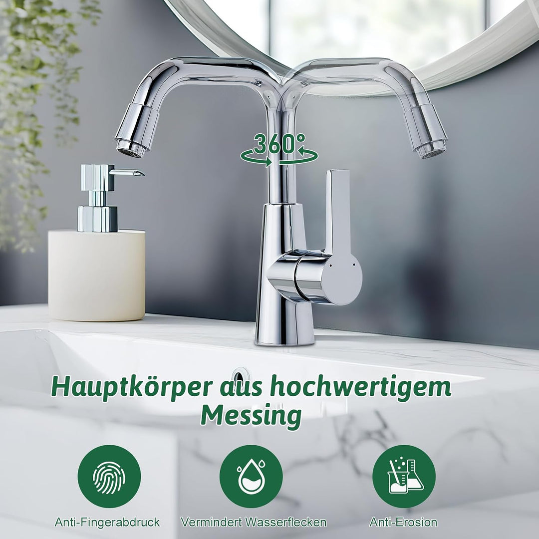 Wasserhahn Bad,Kalt und Warmwasser Mischbatterie，360°Schwenkbare Waschtischarmatur，Messing Verchromt