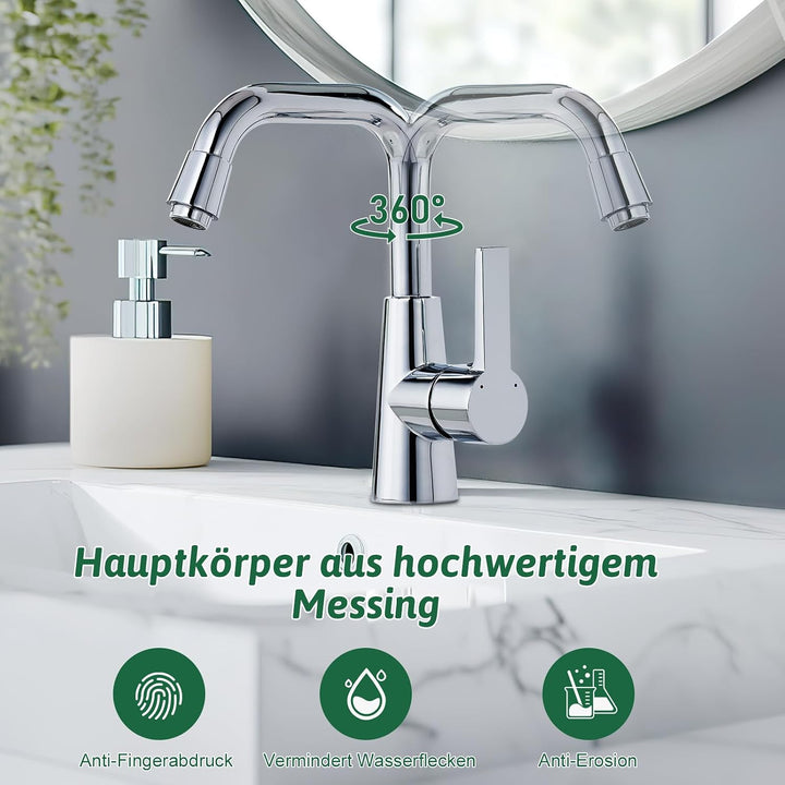Wasserhahn Bad,Kalt und Warmwasser Mischbatterie，360°Schwenkbare Waschtischarmatur，Messing Verchromt