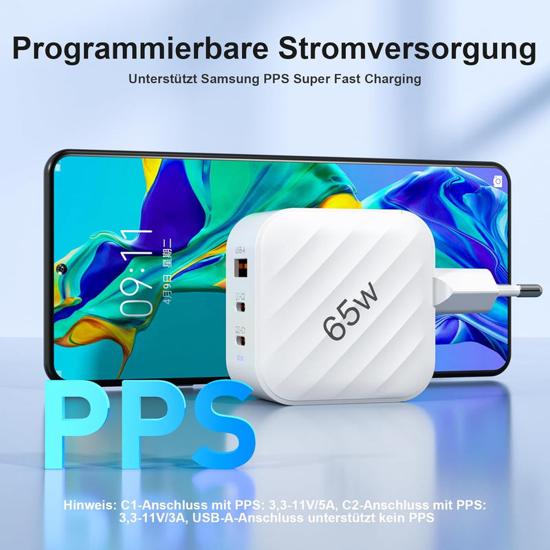 SOARUN USB C Ladegerät, 65W USB C Netzteil 3-Port Schnellladegerät mit PPS, PD 3.0 GaN USB Ladegerät