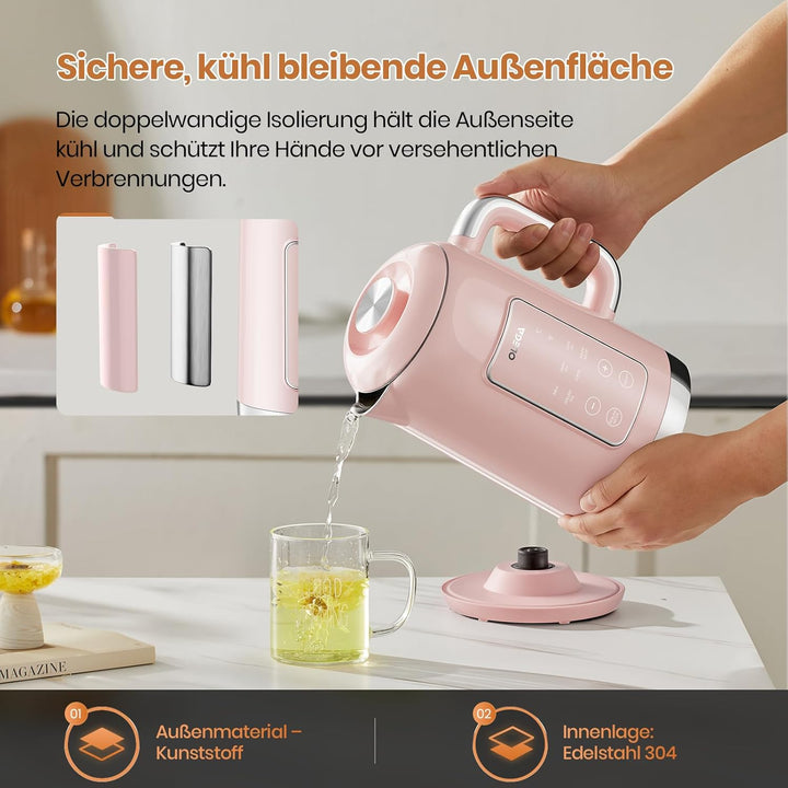 OLEGA Wasserkocher: 1800 W Wasserkocher mit Temperaturregelung, 1,5 l Fassungsvermögen, Edelstahl, S