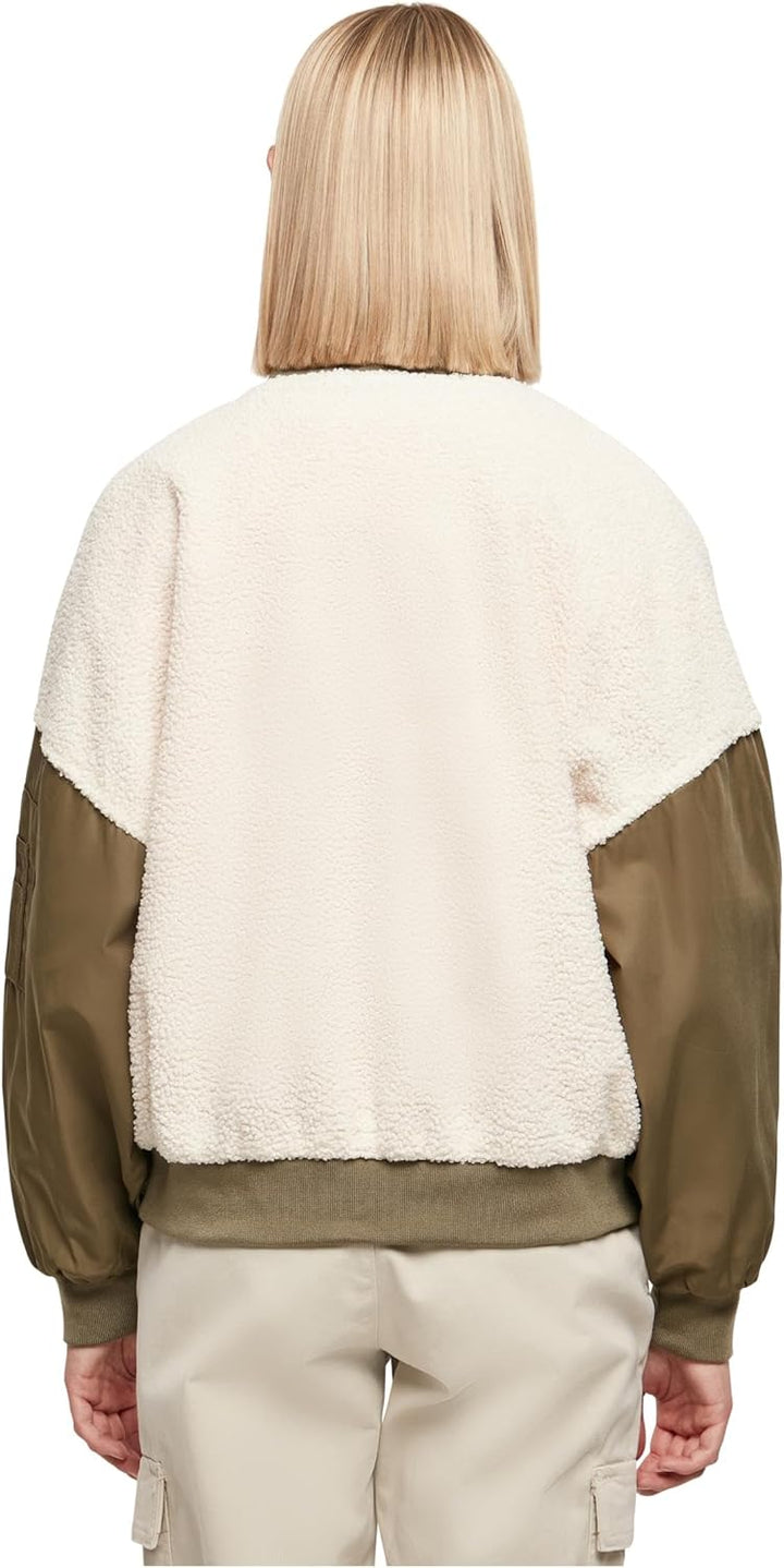 Urban Classics Damen Ladies Oversized Sherpa Mixed Bomber Jacket M whitesand/darkolive, M whitesand/