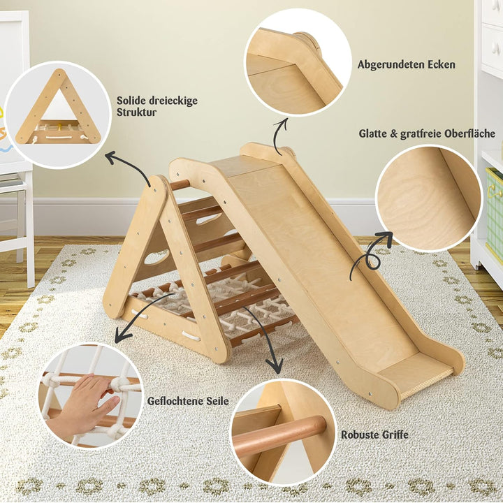 COSTWAY 4 in 1 Kletterdreieck mit Rutsche, Klettergerüst aus Holz, Sprossendreieck zum Rutschen und
