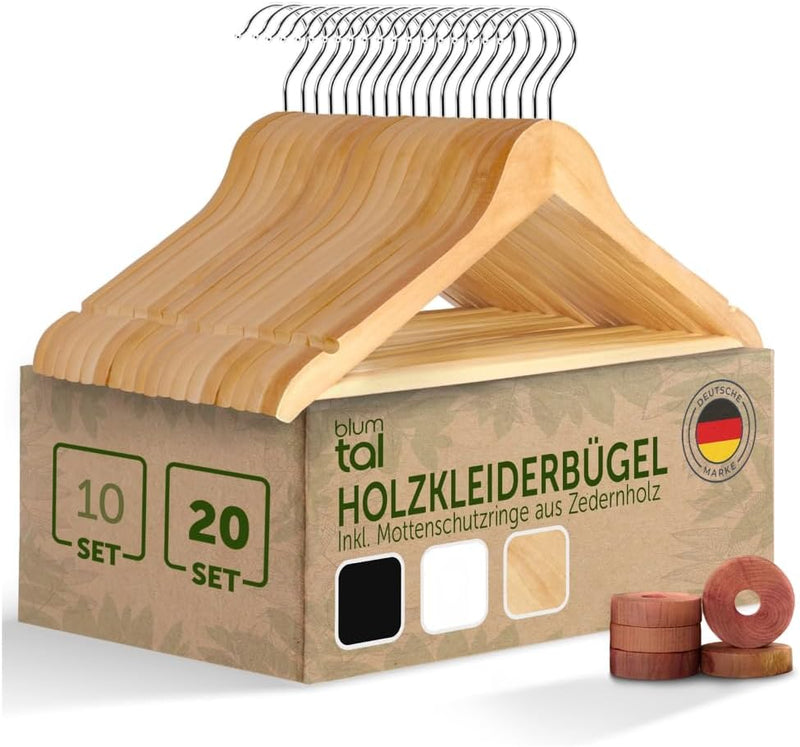 Blumtal Kleiderbügel Holz 20er Set - Holzbügel mit 360° drehbarem Metallhaken - Bügel aus robustem M